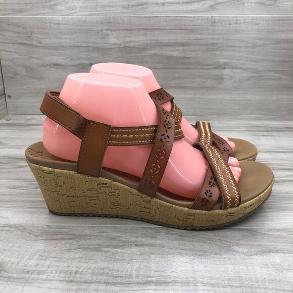 Skechers Wedge Sandals Womens 10 Beverlee Delicate Glow Brown Hook and Loop Shoe - Picture 1 of 11